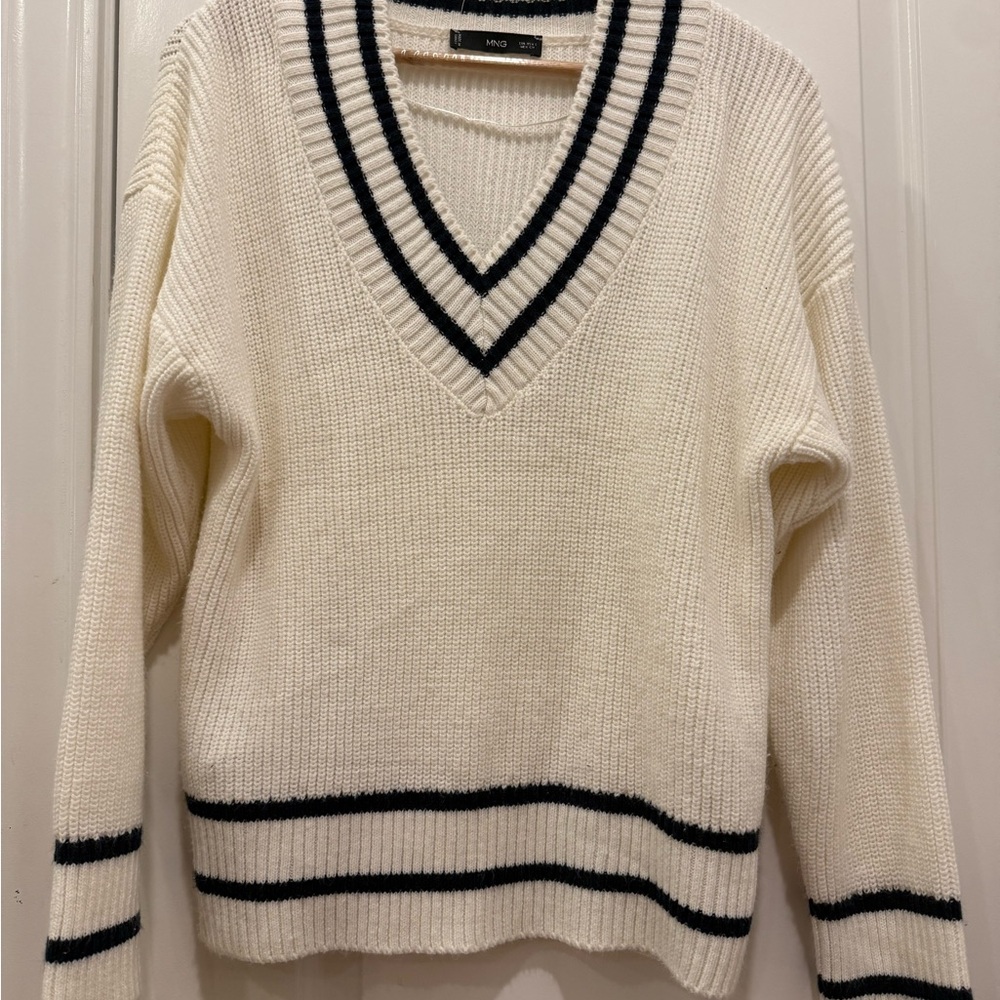 Mango Varsity V-Neck Sweater - Cream with Black Accents